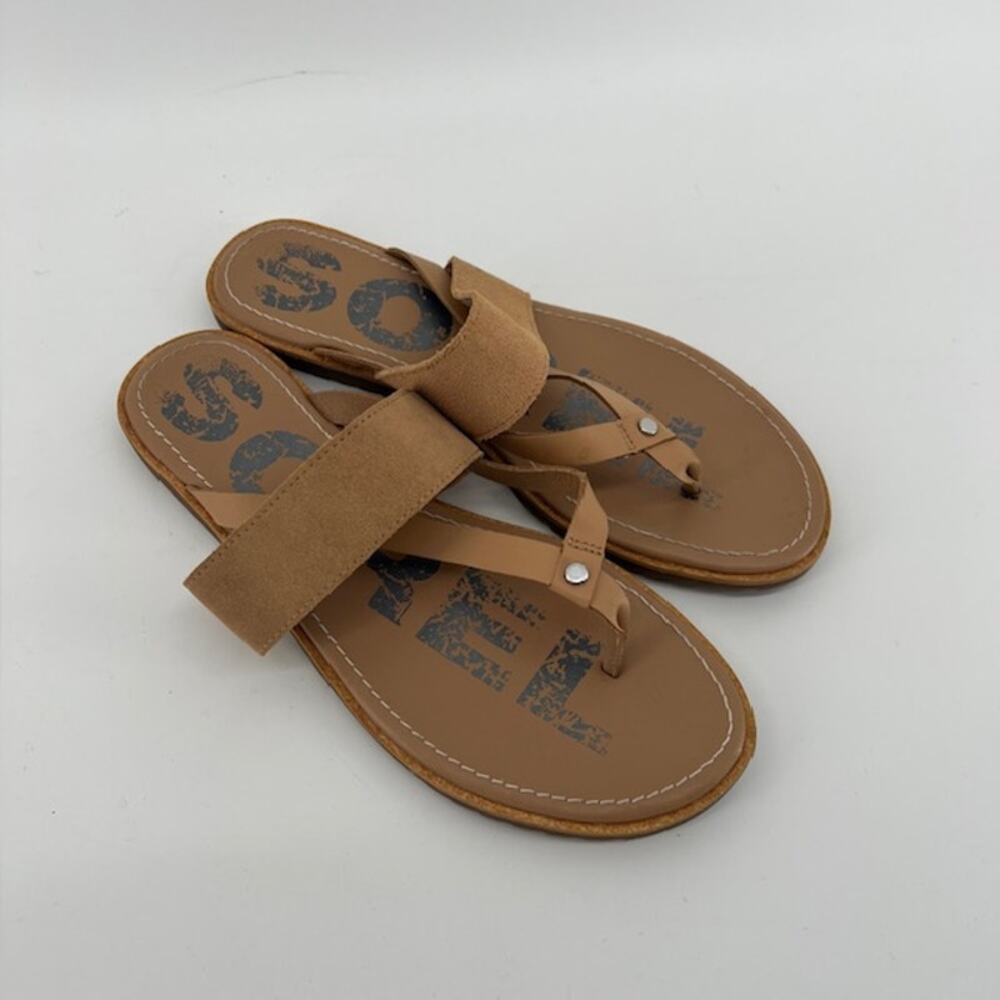 Sorel Ella II Easy Flip Sandals Womens 8 Leather Stappy Tan Beach Summer Thong